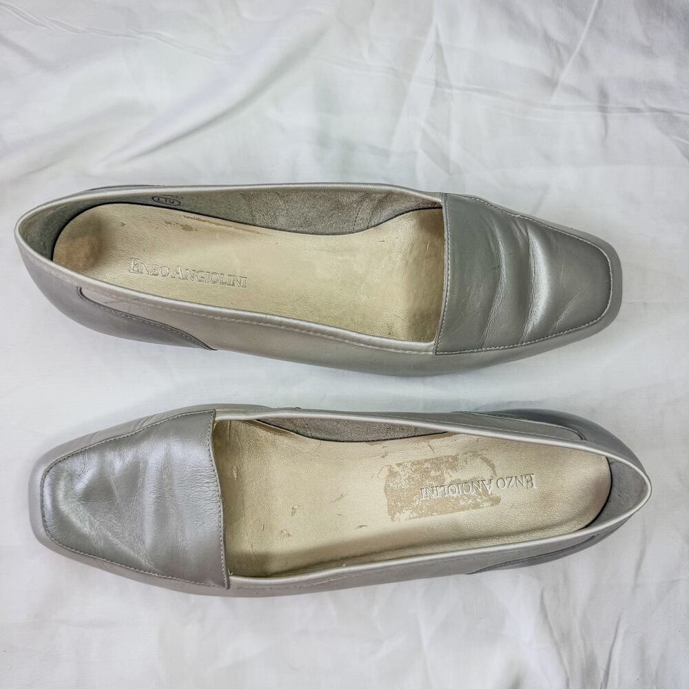 Vtg Enzo Angiolini Silver Metallic Leather Square Toe Smoking Loafers Flats 39